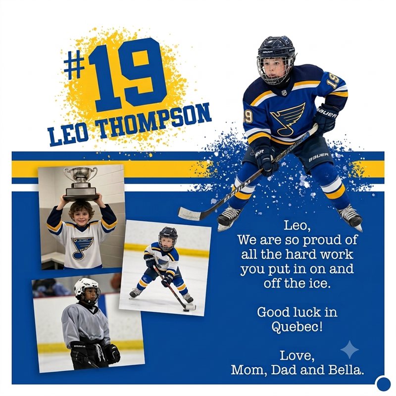 Sample player shout out ad featuring a photo collage, jersey number, and a personal message from family